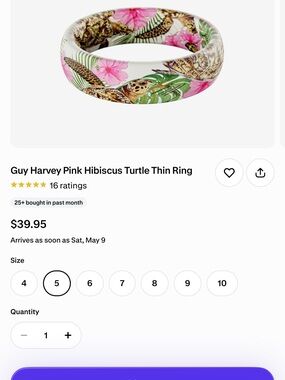 Groove Life & Guy Harvey Tropical Turtle Thin with Pink Hibiscus - ring size 5